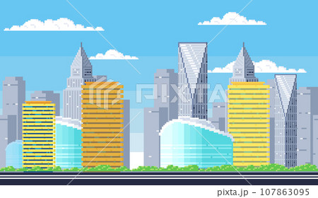 City street with houses and greenery, skyscrapers. Pixelated landscape with nature and architecture. Residential building in pixel art style. Multi apartment buildings of different height in town 107863095
