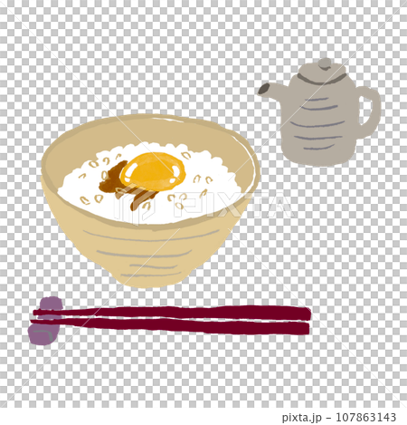 卵かけご飯とお箸と醤油さし 107863143