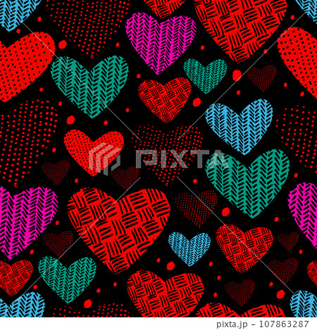 hand drawn seamless pattern of knitted hearts on a black background. Happy Valentine's Day. Vector illustration. Not AI hand drawn seamless pattern of knitted hearts on a black background. Happy Valentine's Day. Vector illustration. Not AI 107863287