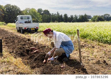 畑を耕す若い男性 107863296