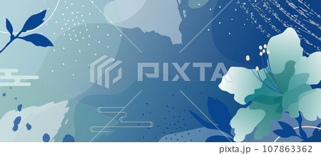 Asian Floral Banner, Chinese Lunar New Year Concept, Modern Japanese Background Design. Dark Blue Abstract Oriental Background with Geometric Elements. Asian Floral Banner, Chinese Lunar New Year Concept, Modern Japanese Background Design. Dark Blue Abstract Oriental Background with Geometric Elements. 107863362