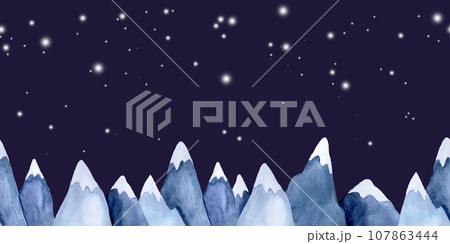seamless pattern, border with watercolor mountains. mountains with snowy peaks against the background of the night sky. dark sky and stars. symbol of travel, tourism, vacations in the mountains 107863444