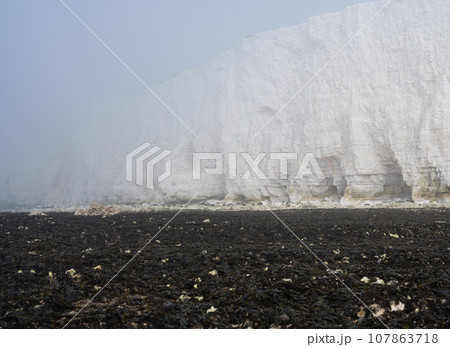 Misty morning in Hope Gap beach, Cuckmere Haven, located between Seaford and Eastbourne. Pebbly coastline with seaweed and the white cliffs on the background, selective focus 107863718