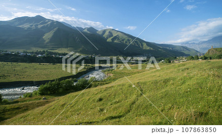 Beautiful view of the mountain river in summer. Georgia, Europe. Caucasus mountains. Beautiful view of the mountain river in summer. Georgia, Europe. Caucasus mountains. 107863850