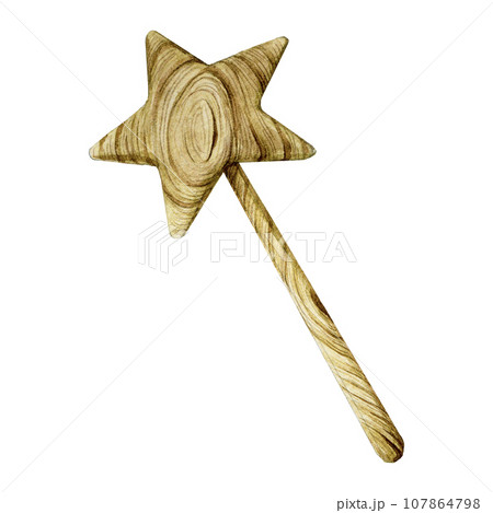 watercolor clipart, cute drawing wooden magic wand. magic wand with a star at the end of wood. kids toy with wood texture 107864798