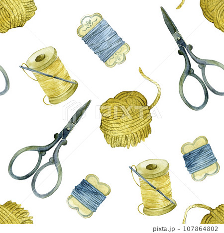 watercolor seamless pattern in vintage style. perdmets for embroidery on a white background. cute print on the theme of needlework, hobby, embroidery, handmade. 107864802