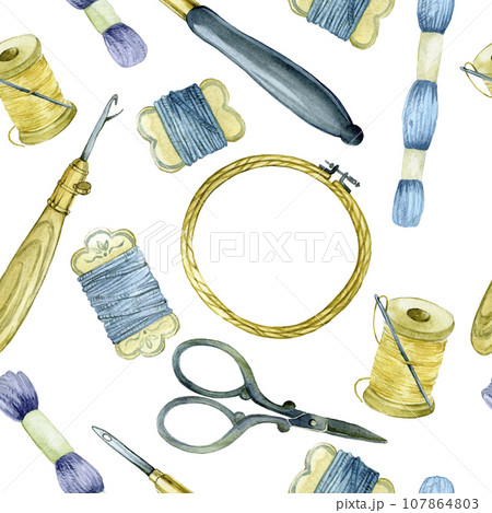 seamless watercolor pattern tools for embroidery. hoops, threads, scissors, yarn, punch needle. tools for carpet embroidery and embroidery with beads, sequins. isolated on white background. vintage seamless watercolor pattern tools for embroidery. hoops, threads, scissors, yarn, punch needle. tools for carpet embroidery and embroidery with beads, sequins. isolated on white background. vintage 107864803