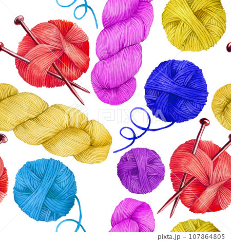 watercolor seamless pattern with colored skeins for knitting. cute, bright print on the topic of knitting, crocheting, needlework, made by hand. blue, red, yellow, purple balls of yarn on a white 107864805