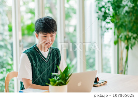 リビングで自習する男子高校生 リビングで自習する男子高校生 107865028