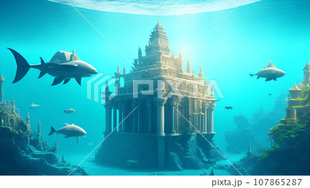 Underwater City with an ancient temple. Generative ai Underwater City with an ancient temple. Generative ai 107865287