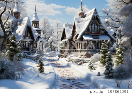 The roofs of the wood houses and street are covered in snow, Christmas scene, photo realistic, AI generated The roofs of the wood houses and street are covered in snow, Christmas scene, photo realistic, AI generated 107865391
