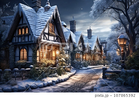 The roofs of the wood houses and street are covered in snow, Christmas scene, photo realistic, AI generated The roofs of the wood houses and street are covered in snow, Christmas scene, photo realistic, AI generated 107865392