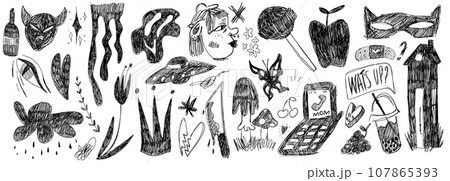 Set of grunge vector illustrations drawn with pencil. Punk doodle icons for stickers. Swag style graphiti. 107865393