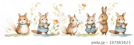Squirrel and hamster wearing clothes. Drinking tea or coffee, eating nuts, candy 107865623