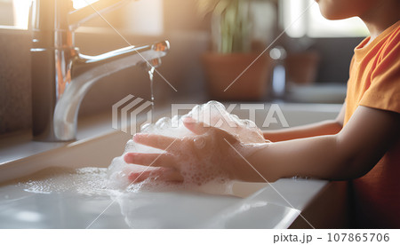 Close up of male child washing hands in washroom under faucet with water, soap 107865706