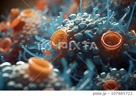 Microscope closeup view of bacteria cells, microbes colony cloud flowing, virus Microscope closeup view of bacteria cells, microbes colony cloud flowing, virus 107865721