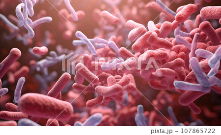 Microscope closeup view of bacteria cells, microbes colony cloud flowing, virus 107865722