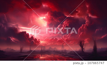 Crimson sky because of global warming, Armageddon or end of the world, doomsday Crimson sky because of global warming, Armageddon or end of the world, doomsday 107865747