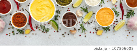 Different types of sauces in bowls Different types of sauces in bowls 107866008