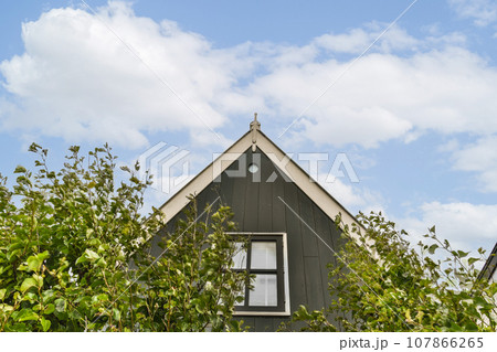 a house with a clock on it's side and some trees in the fore - eye, against a blue sky background a house with a clock on it's side and some trees in the fore - eye, against a blue sky background 107866265