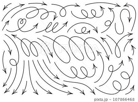 Hand drawn thin line dynamic arrows set. Vector black design elements isolated on white background. 107866468