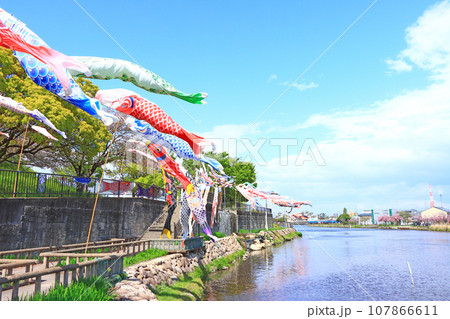 愛知県蟹江町、佐屋川創郷公園とこいのぼりの風景 愛知県蟹江町、佐屋川創郷公園とこいのぼりの風景 107866611