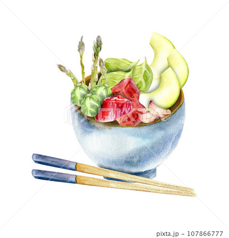 Watercolor avocado slices, meat pieces, spinach leaves, asparagus and small cabbage in ceramic asian traditional bowl with chopsticks nearby. Isolated food illustration for restaurant, menu design 107866777