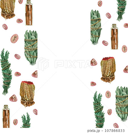 A elongated frame made of divination elements: herbs for fumigation, candles, stones with runes. All elements are hand-painted in watercolor on a white background. For printing, paper, invitations A elongated frame made of divination elements: herbs for fumigation, candles, stones with runes. All elements are hand-painted in watercolor on a white background. For printing, paper, invitations 107866833