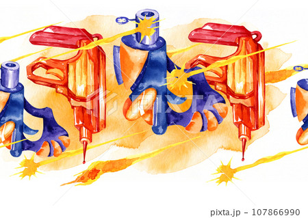 watercolor hand drawn seamless border with toy guns, fantastic weapons, space pistols, blasters and ray isolated on gradient orange watercolor background, hand draw sketch, illustration for boys watercolor hand drawn seamless border with toy guns, fantastic weapons, space pistols, blasters and ray isolated on gradient orange watercolor background, hand draw sketch, illustration for boys 107866990