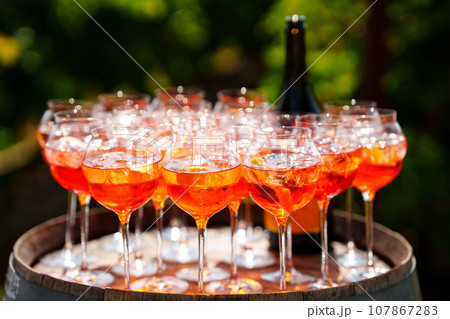 Lots of wine cocktail glasses on the table in the garden. 107867283