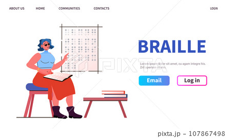blind woman reading with braille alphabet people with disabilities concept full length copy space vector illustration 107867498
