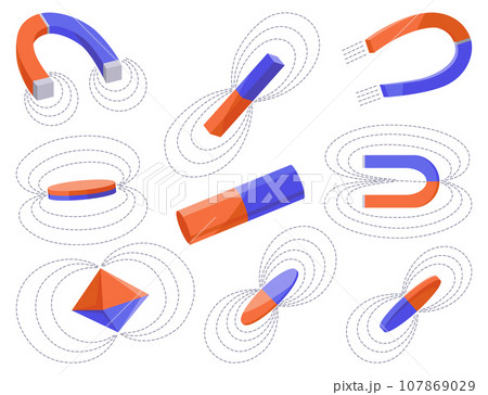 Magnetic force and electromagnetic field. Polar magnet schemes set. Educational magnetism physics presentation, horseshoe and bar magnet. Cartoon vector illustration. Physics science aid Magnetic force and electromagnetic field. Polar magnet schemes set. Educational magnetism physics presentation, horseshoe and bar magnet. Cartoon vector illustration. Physics science aid 107869029