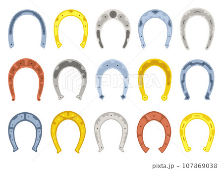 Horseshoes icon set. Decorative design element, shoes for horses. Vector illustration on white background 107869038