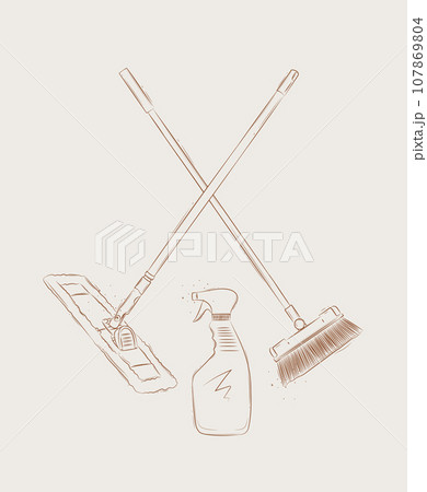 Flat mop, broom and glass cleaner beige 107869804