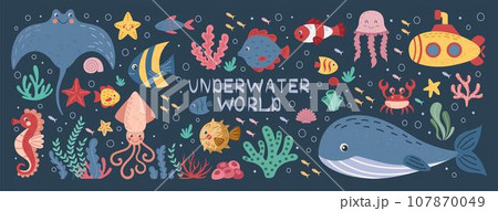 Sea animals. Marine life, submarine, cute underwater plants or under ocean fish, childish nursery decor. Jellyfish and seahorses. Vector cartoon flat style isolated illustration, tidy background Sea animals. Marine life, submarine, cute underwater plants or under ocean fish, childish nursery decor. Jellyfish and seahorses. Vector cartoon flat style isolated illustration, tidy background 107870049