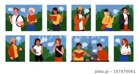 Cigarette smoke. People smoking tobacco. Nicotine addiction. Abuse and depression characters. Young man and woman in park. Unhealthy habit. Vaping friends. Vector isolated tidy illustration scenes set 107870061