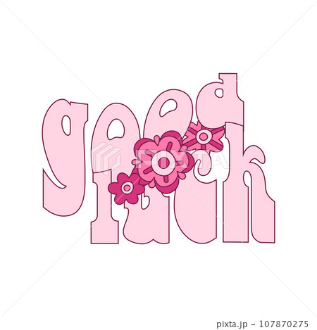 Cowgirl pink groovy flowers with good luck lettering. Cowboy western theme, wild west, texas. Hand drawn cartoon trendy vector illustration. Cowgirl pink groovy flowers with good luck lettering. Cowboy western theme, wild west, texas. Hand drawn cartoon trendy vector illustration. 107870275
