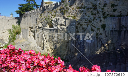 San Marino city view. Stone street and old walls in San-Marino, Italy. San Marino city view. Stone street and old walls in San-Marino, Italy. 107870610