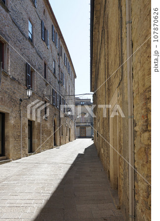 San Marino city view. Stone street and old walls in San-Marino, Italy. San Marino city view. Stone street and old walls in San-Marino, Italy. 107870626