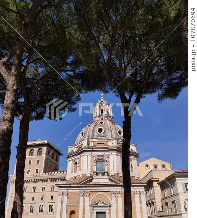Italy. Rome. Trojan column, churches of Santa Maria di Loreto and Santissima Nome di Maria Most Holy Name of Mary and ruins of a forum of Trajan 107870694