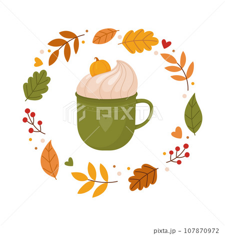 Pumpkin latte and autumn leaves. Cute template for a Thanksgiving card or invitation. Pumpkin latte and autumn leaves. Cute template for a Thanksgiving card or invitation. 107870972