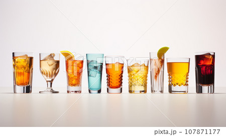 Set of various contemporary classic alcohol cocktails in different glasses placed on table 107871177