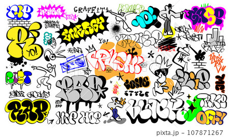 rap graffiti lettering doodles vector background ,isolated design element 107871267