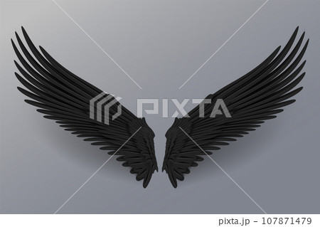 Realistic black wings. Angel black wings or bird fly wing. 3D bird wings design template. 107871479