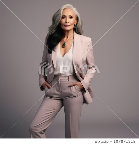 Beautiful aged lady posing on studio background, stylish dressed senior woman with gray hair, positive aging concept Beautiful aged lady posing on studio background, stylish dressed senior woman with gray hair, positive aging concept 107871518