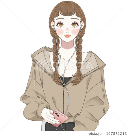イヤホンをつけてスマホで音楽を聴く女の子 107872218