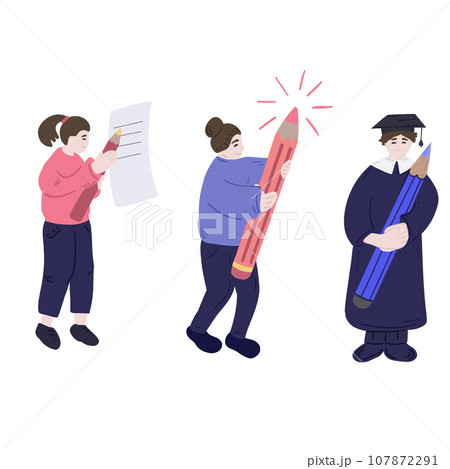 Cartoons student standing with large pencil Cartoons student standing with large pencil 107872291