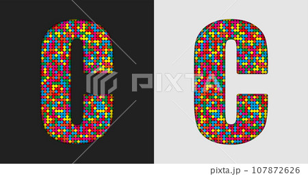Bubble letter C. Glitter character of colored dots Bubble letter C. Glitter character of colored dots 107872626