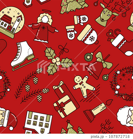 Christmas Seamless Pattern with Christmas Toys, Bell, Snow Globe, Mistletoe, Santa Claus, Wreath, Snow House, Deer, Hat and Mittens. For Invitations, Design, Greeting card and Newsletters. Vector Christmas Seamless Pattern with Christmas Toys, Bell, Snow Globe, Mistletoe, Santa Claus, Wreath, Snow House, Deer, Hat and Mittens. For Invitations, Design, Greeting card and Newsletters. Vector 107872718
