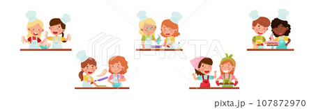 Cooking Children Chef in Toque Engaged in Food Preparation Vector Set 107872970